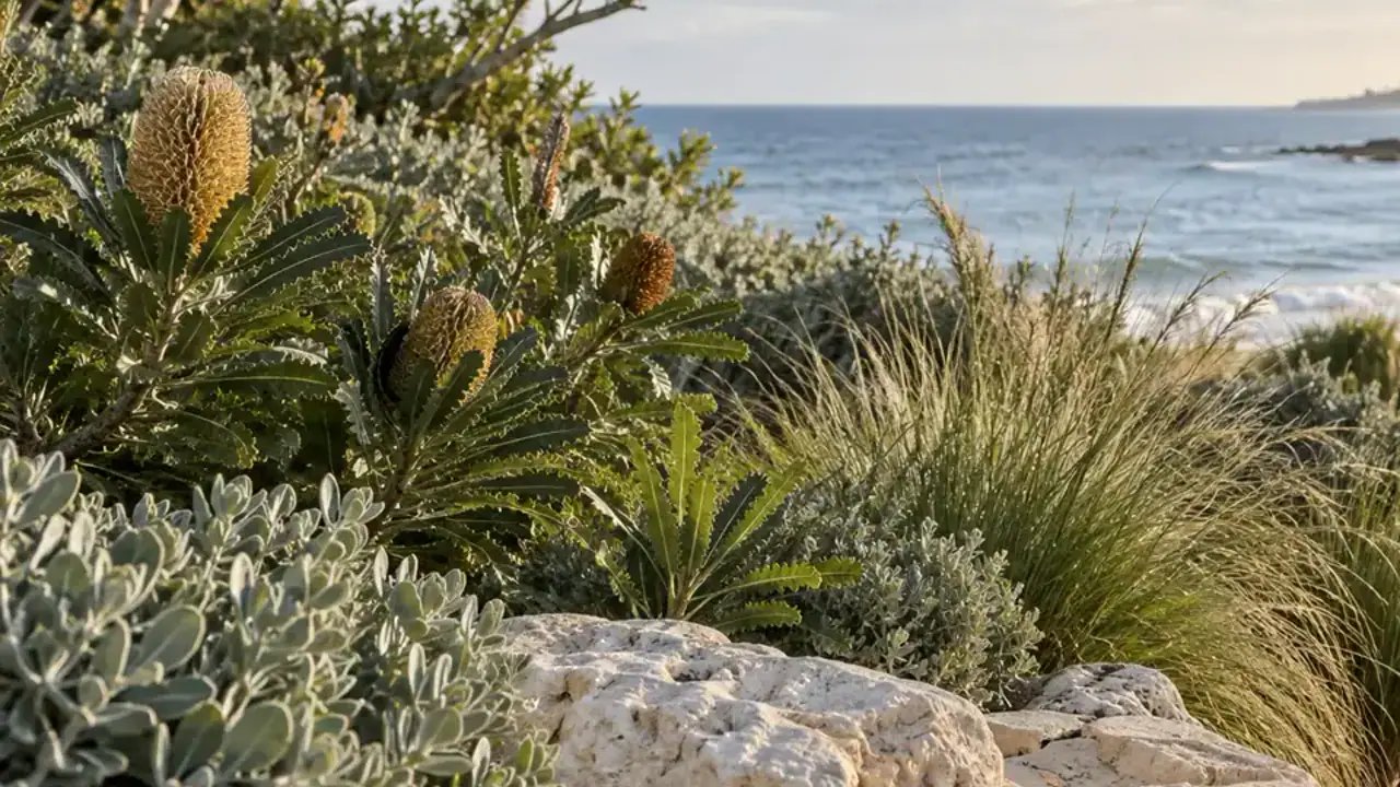 Western Australian coastal planting overlooking pale beach sand and the Indian Ocean